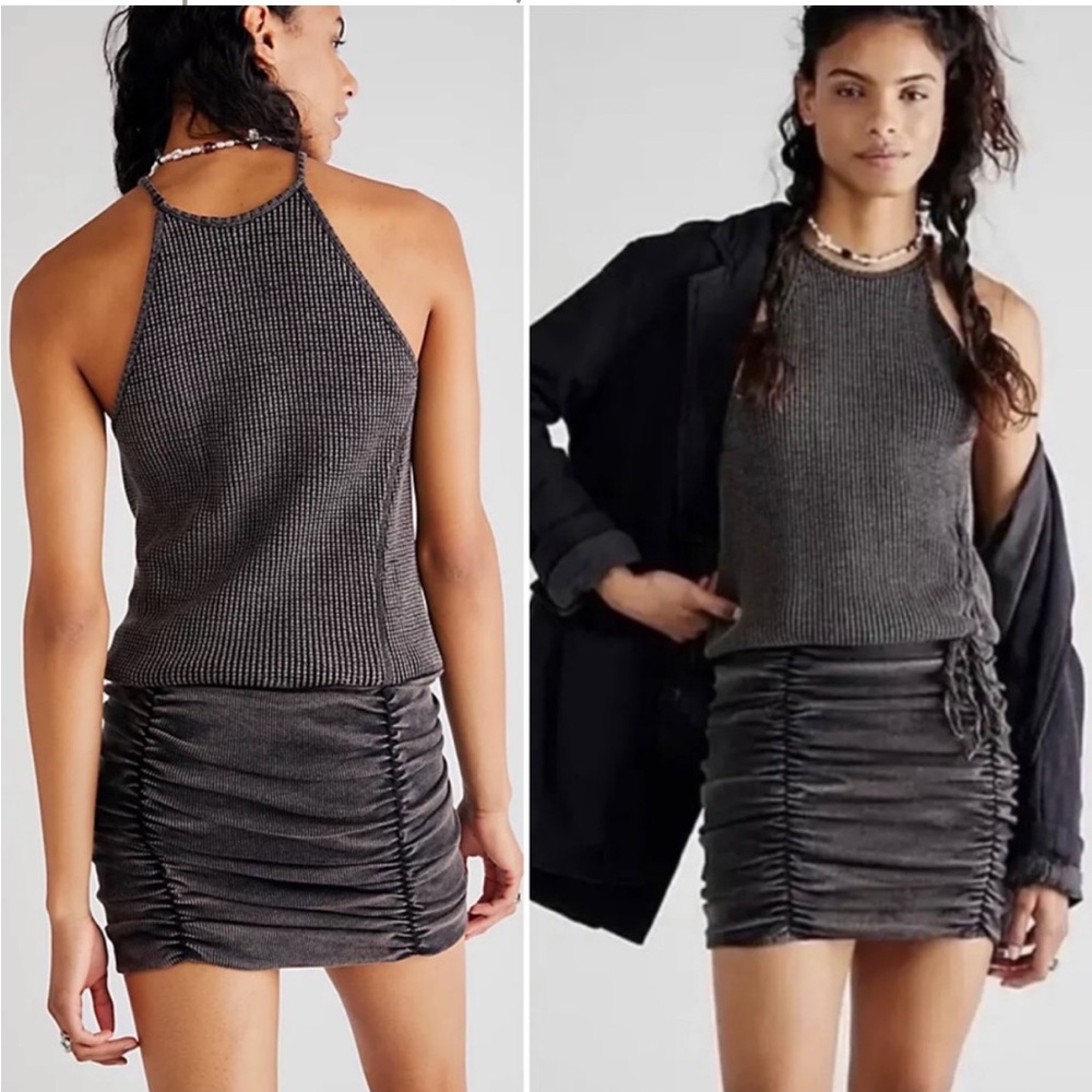 Free People FP One Charcoal Gray Katya Bodycon Ruched Thermal Ribbed Dress M